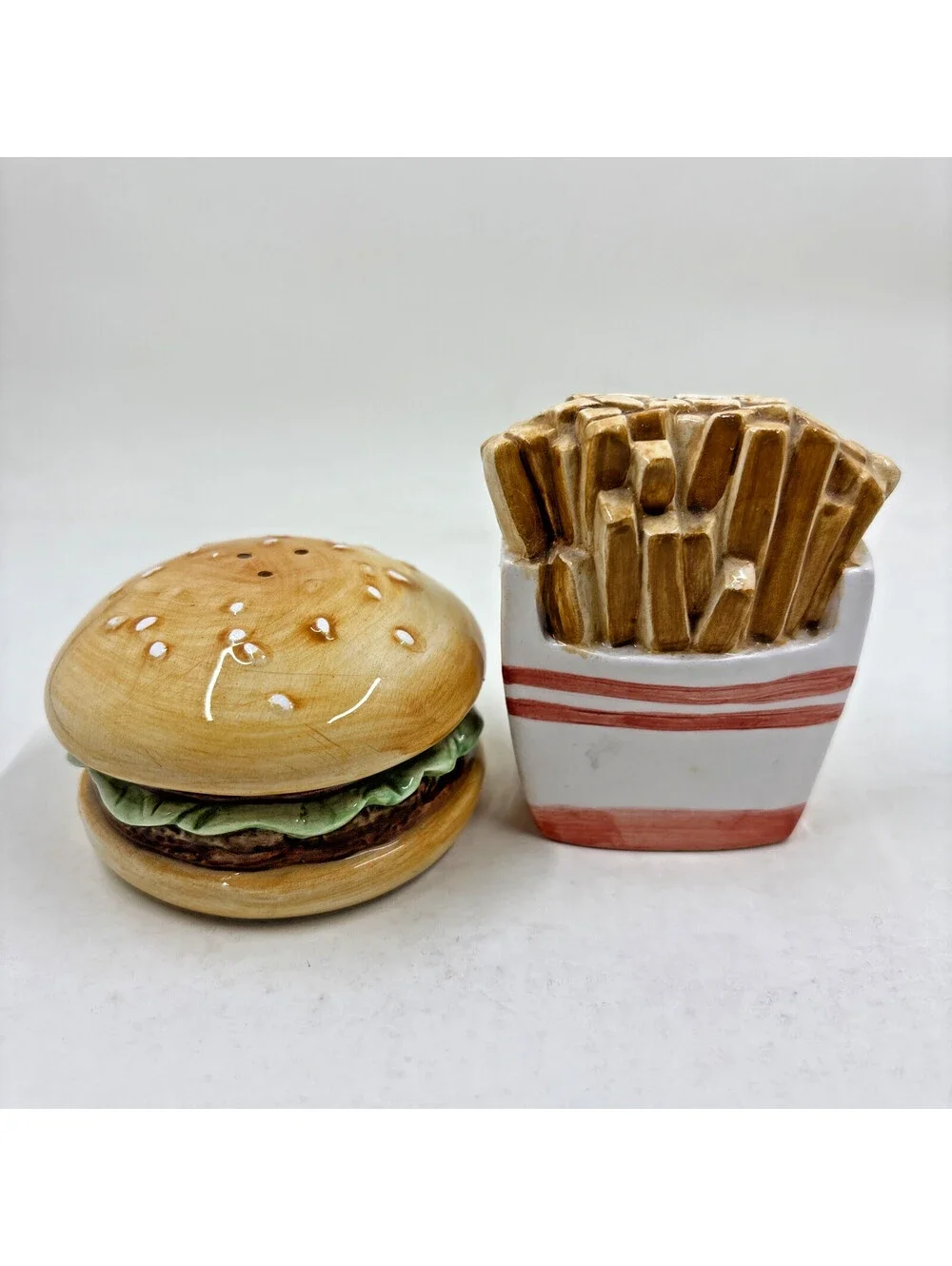 Vintage Pair French Fries And Hamburger Ceramic Salt and Pepper Shakers